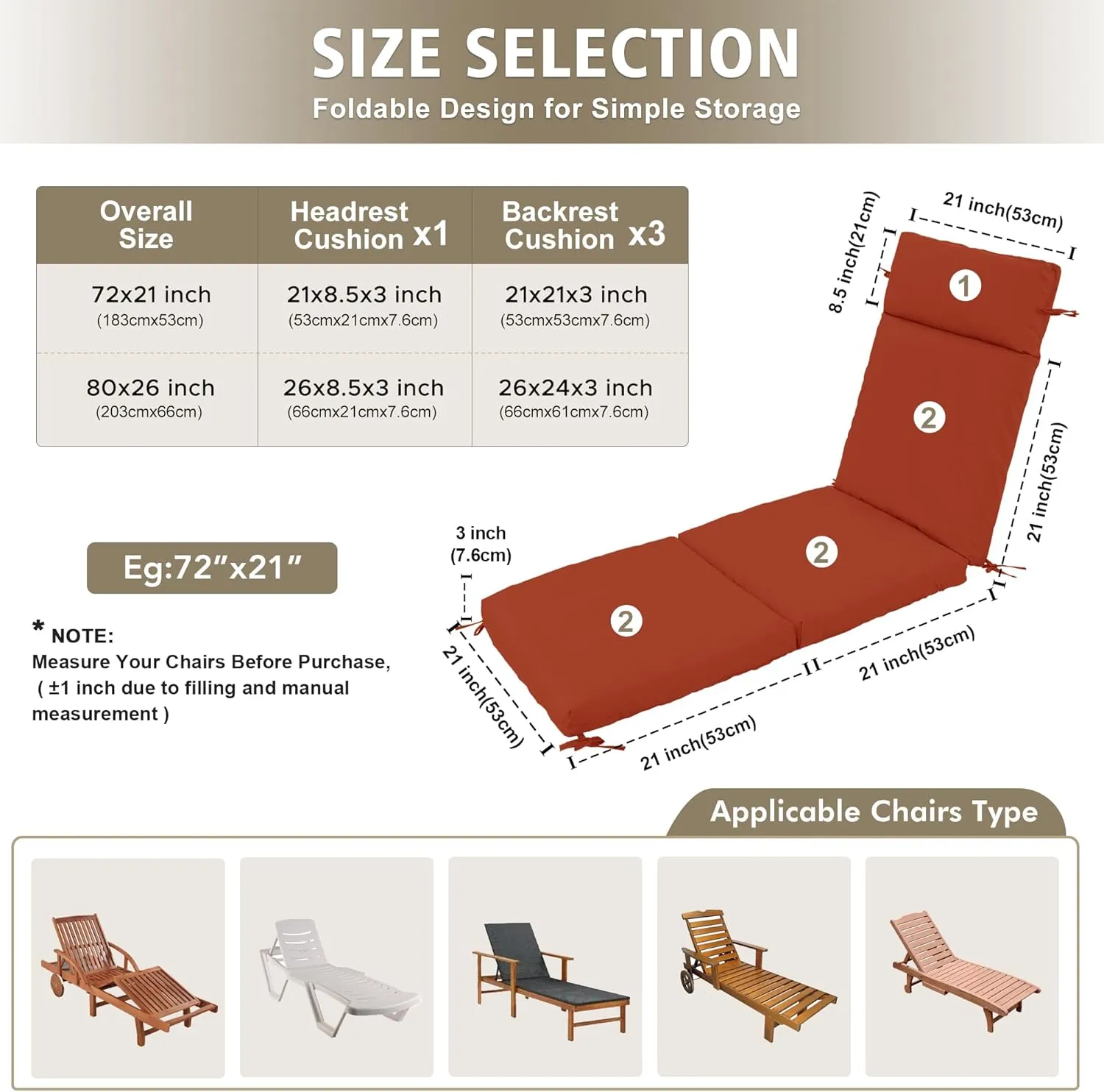 Chaise Lounge Cushion 72x21x3 Inch – Set of 4 Outdoor Lounge Chair Cushions, Lounger Pad Replacement with Fade-Resistant, Removable & Machine-Washable Covers, Ideal for Patio Chaise Chairs, Rust