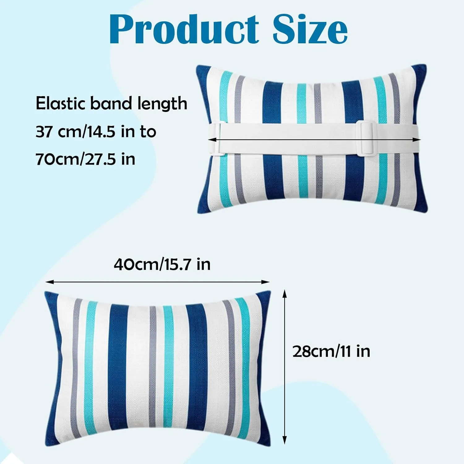 Chaise Lounge Head Pillow, 2 Pack Oudoor Patio Pillow with Elastic Strap Water Resistant Headrest Pillows for Recliner, Beach Chair, Office Chair Neck, Blue Wave