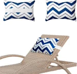 Chaise Lounge Head Pillow, 2 Pack Oudoor Patio Pillow with Elastic Strap Water Resistant Headrest Pillows for Recliner, Beach Chair, Office Chair Neck, Blue Wave