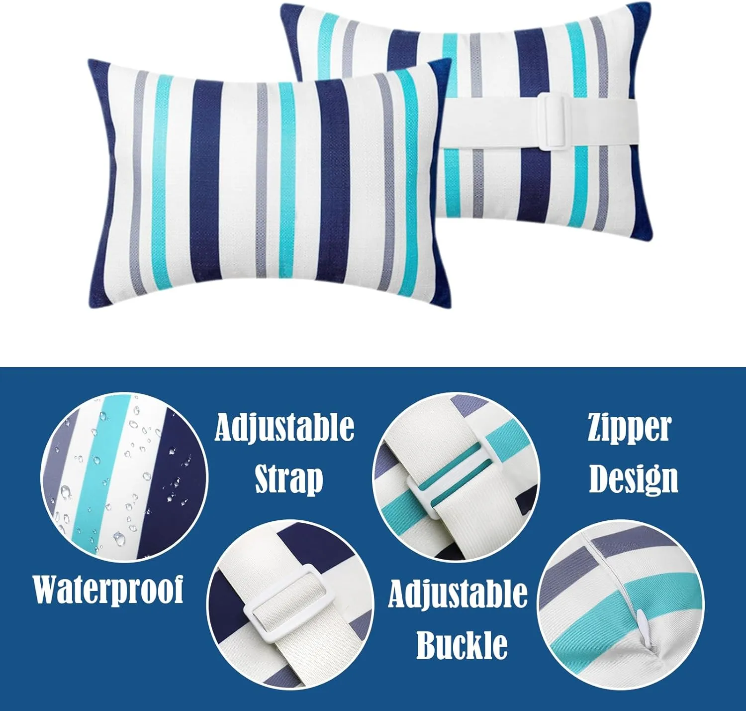 Chaise Lounge Head Pillow, 2 Pack Oudoor Patio Pillow with Elastic Strap Water Resistant Headrest Pillows for Recliner, Beach Chair, Office Chair Neck, Blue Wave