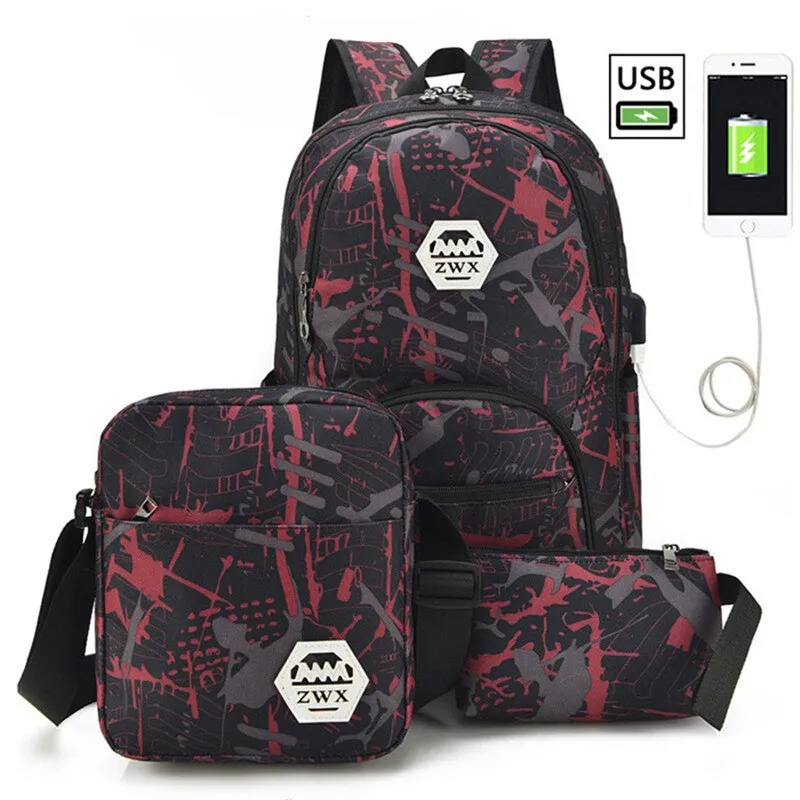 Charging bags travel Diverse options backpack Male women bag school school boys one for men shoulder student high USB Convenient 3pcs/set backpacks mochila