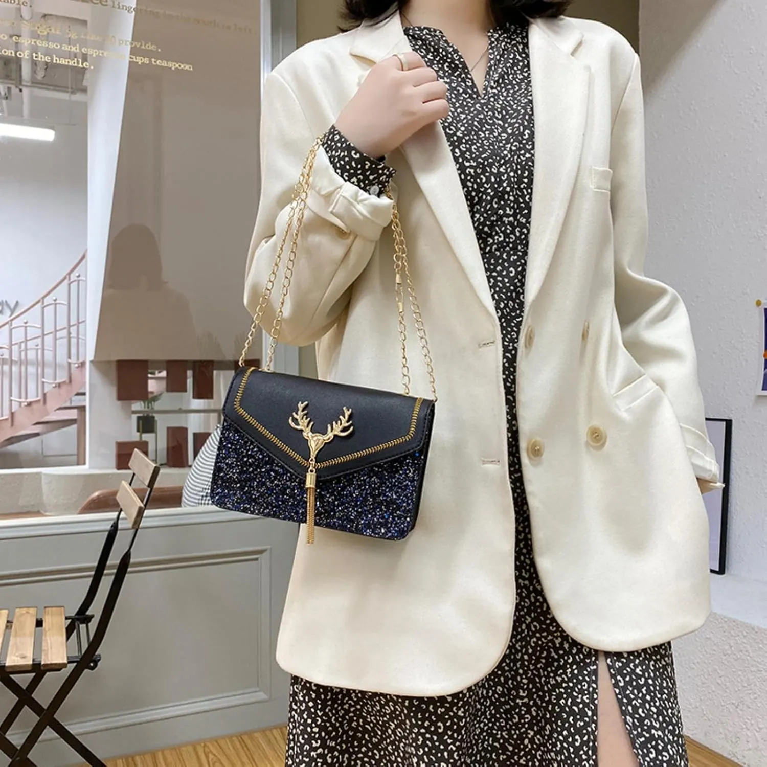 CHARMORE Black Crossbody Bags for Women Leather Shoulder Handbag Small Purse Evening Bag with Chain Strap