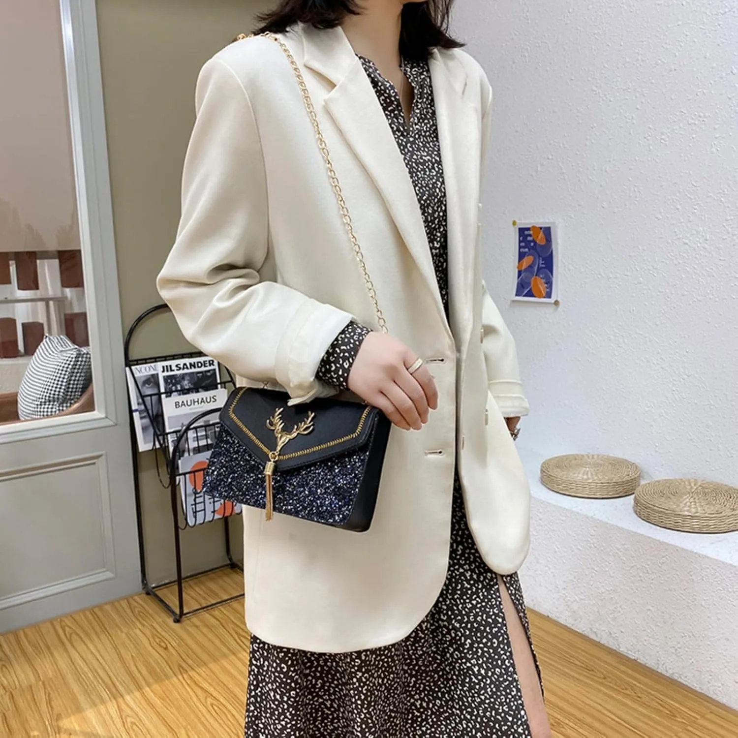 CHARMORE Black Crossbody Bags for Women Leather Shoulder Handbag Small Purse Evening Bag with Chain Strap