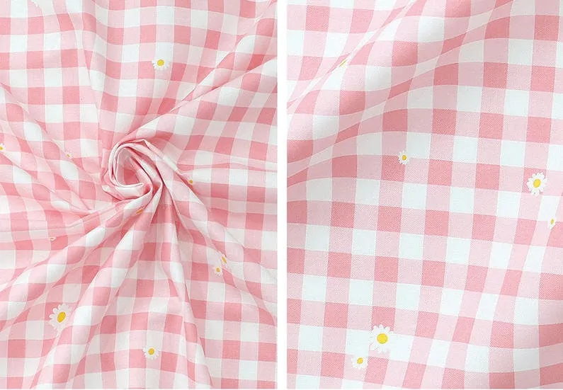 Check and Flowers Cotton Fabric, Gingham Check, Plaid and Flowers, Korean Fabric - Pink or Gray - Fabric By the Yard 39568-1