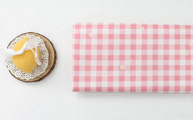 Check and Flowers Cotton Fabric, Gingham Check, Plaid and Flowers, Korean Fabric - Pink or Gray - Fabric By the Yard 39568-1