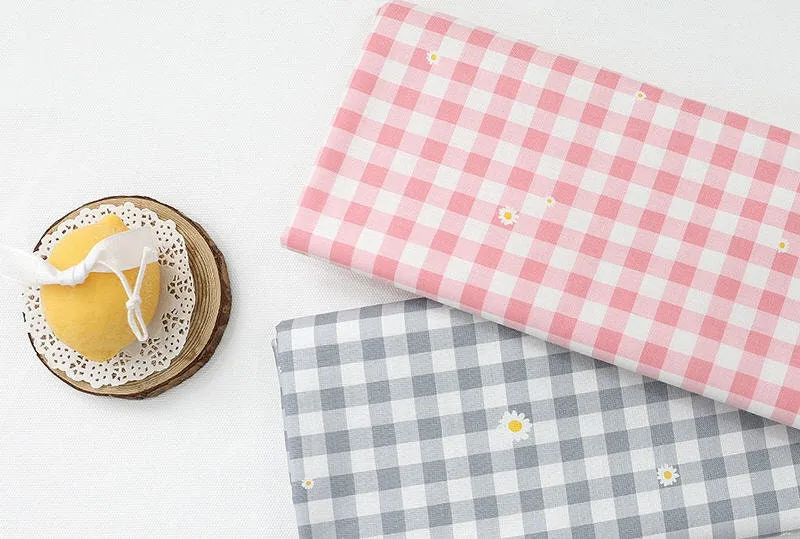 Check and Flowers Cotton Fabric, Gingham Check, Plaid and Flowers, Korean Fabric - Pink or Gray - Fabric By the Yard 39568-1