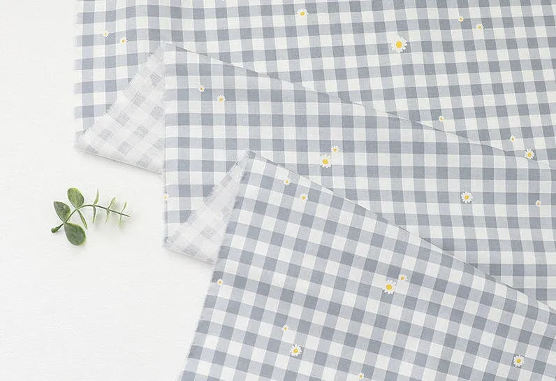 Check and Flowers Cotton Fabric, Gingham Check, Plaid and Flowers, Korean Fabric - Pink or Gray - Fabric By the Yard 39568-1
