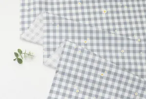 Check and Flowers Cotton Fabric, Gingham Check, Plaid and Flowers, Korean Fabric - Pink or Gray - Fabric By the Yard 39568-1