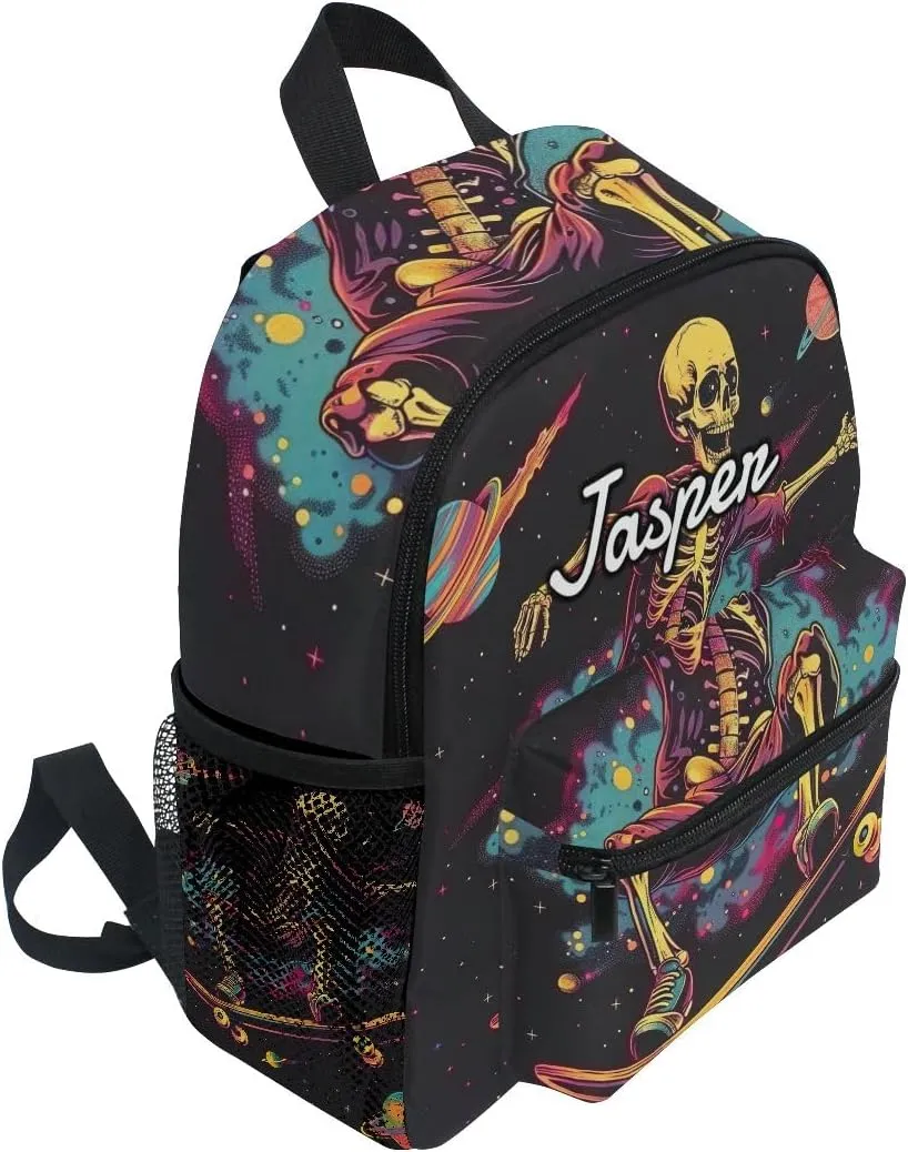 CHIFIGNO Custom Toddler Backpack for Girls and Boys with Name, Funny Skeleton with Skateboard Personalized Cute Backpacks Back to School