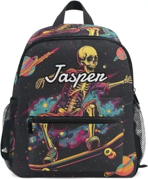 CHIFIGNO Custom Toddler Backpack for Girls and Boys with Name, Funny Skeleton with Skateboard Personalized Cute Backpacks Back to School