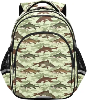 CHIFIGNO Green Brown Sharks Camouflage School Backpack Bookbag for Girls Boys Lightweight Backpacks for Teens with Reflective Stripes
