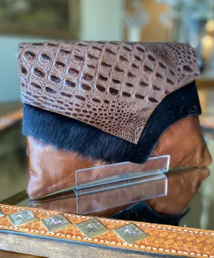 Chocolate Brown Gator and Black Cowhide Clutch