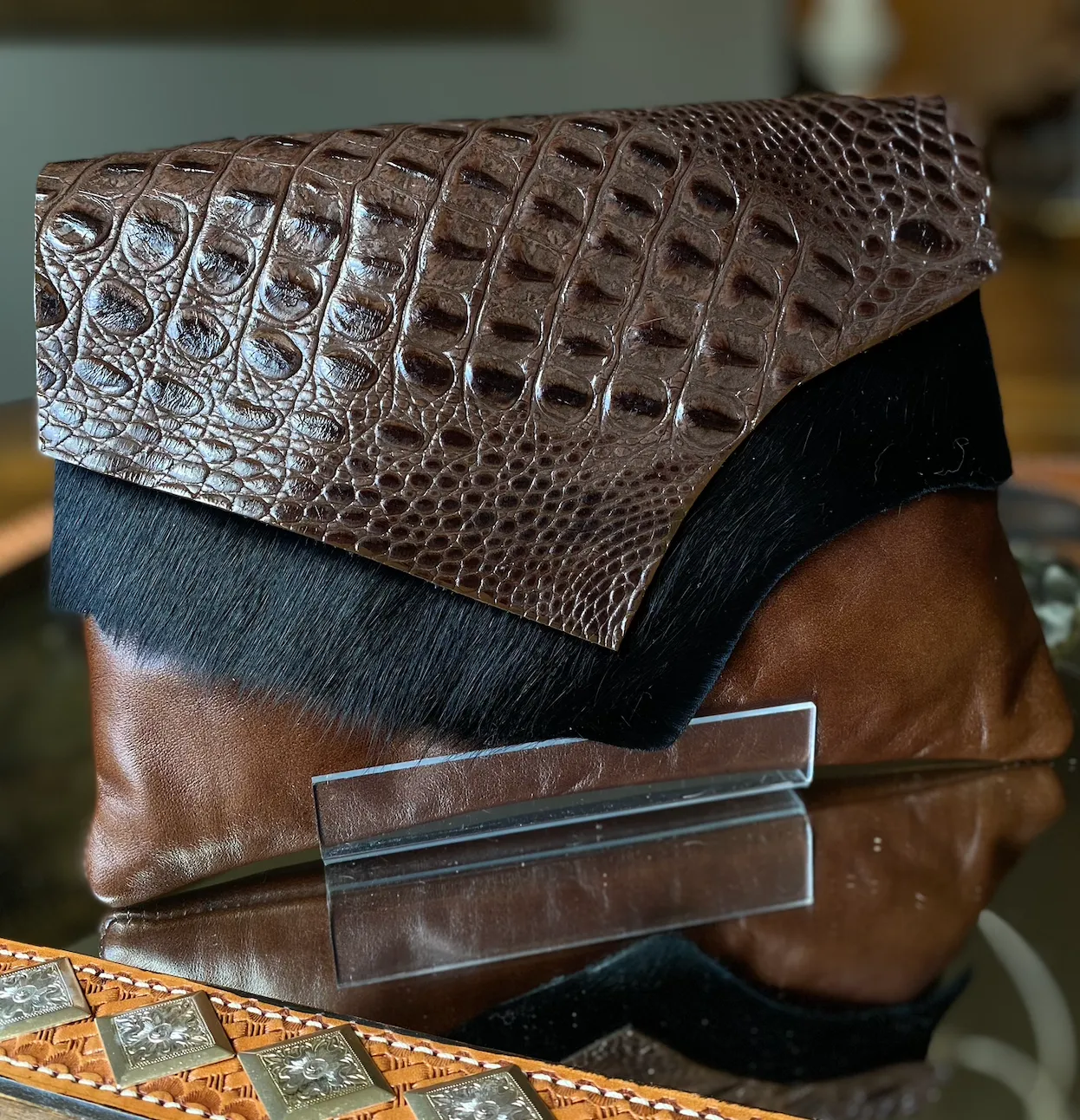 Chocolate Brown Gator and Black Cowhide Clutch