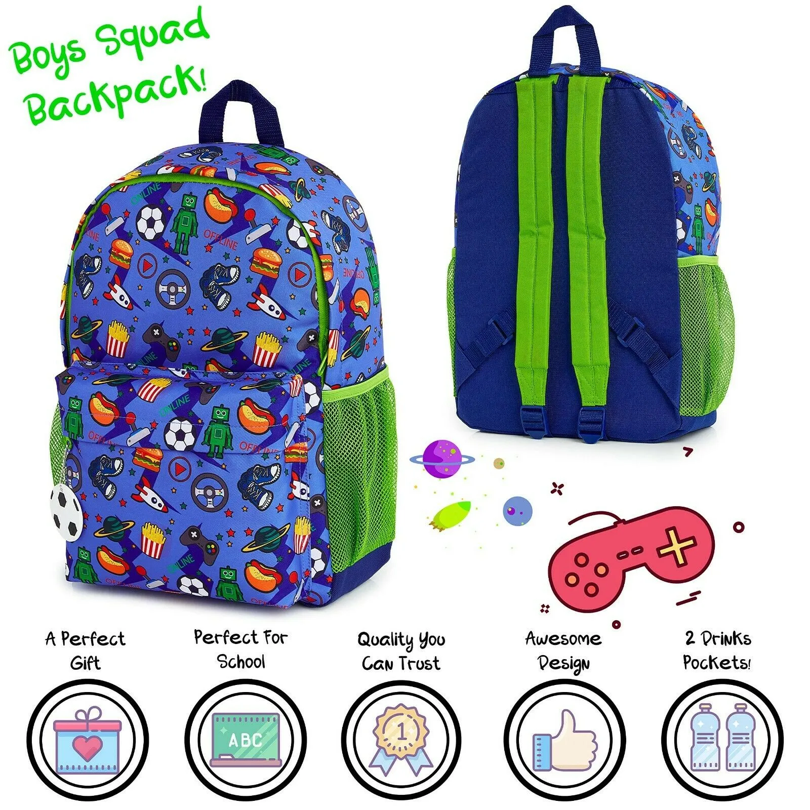 CityComfort Video Game Large Boys Backpack, Gamer Gifts for Boys Teens (Blue/Green)