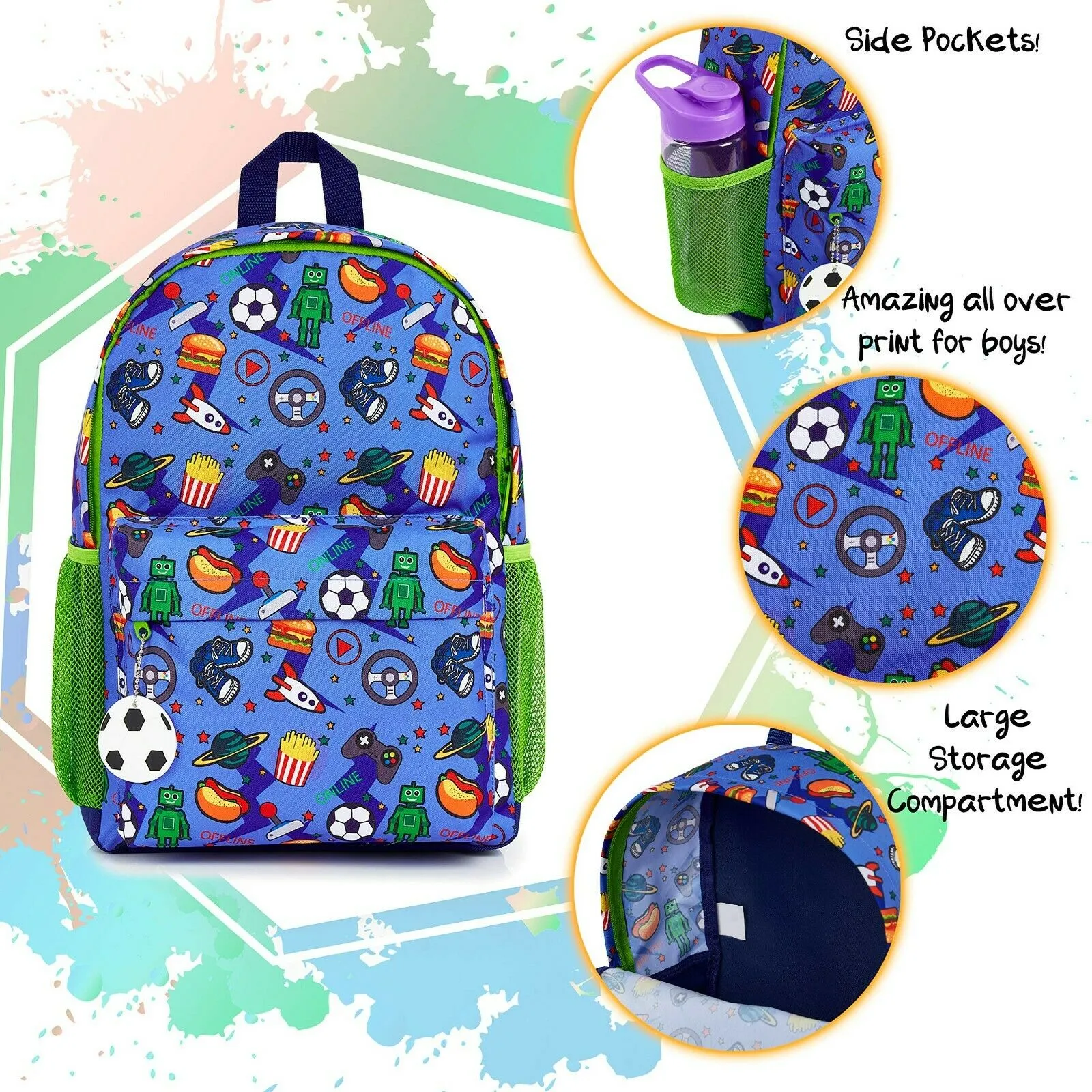 CityComfort Video Game Large Boys Backpack, Gamer Gifts for Boys Teens (Blue/Green)