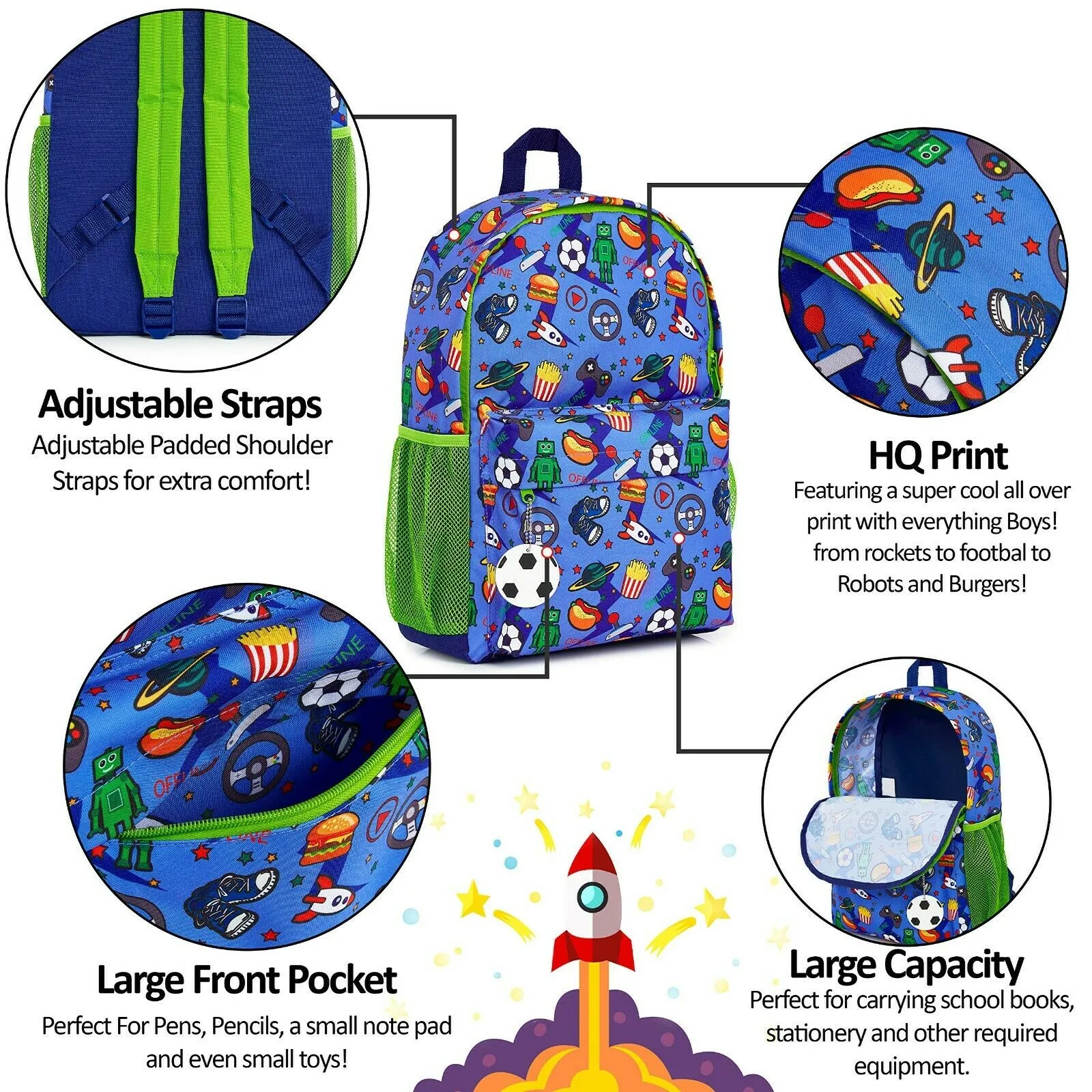 CityComfort Video Game Large Boys Backpack, Gamer Gifts for Boys Teens (Blue/Green)