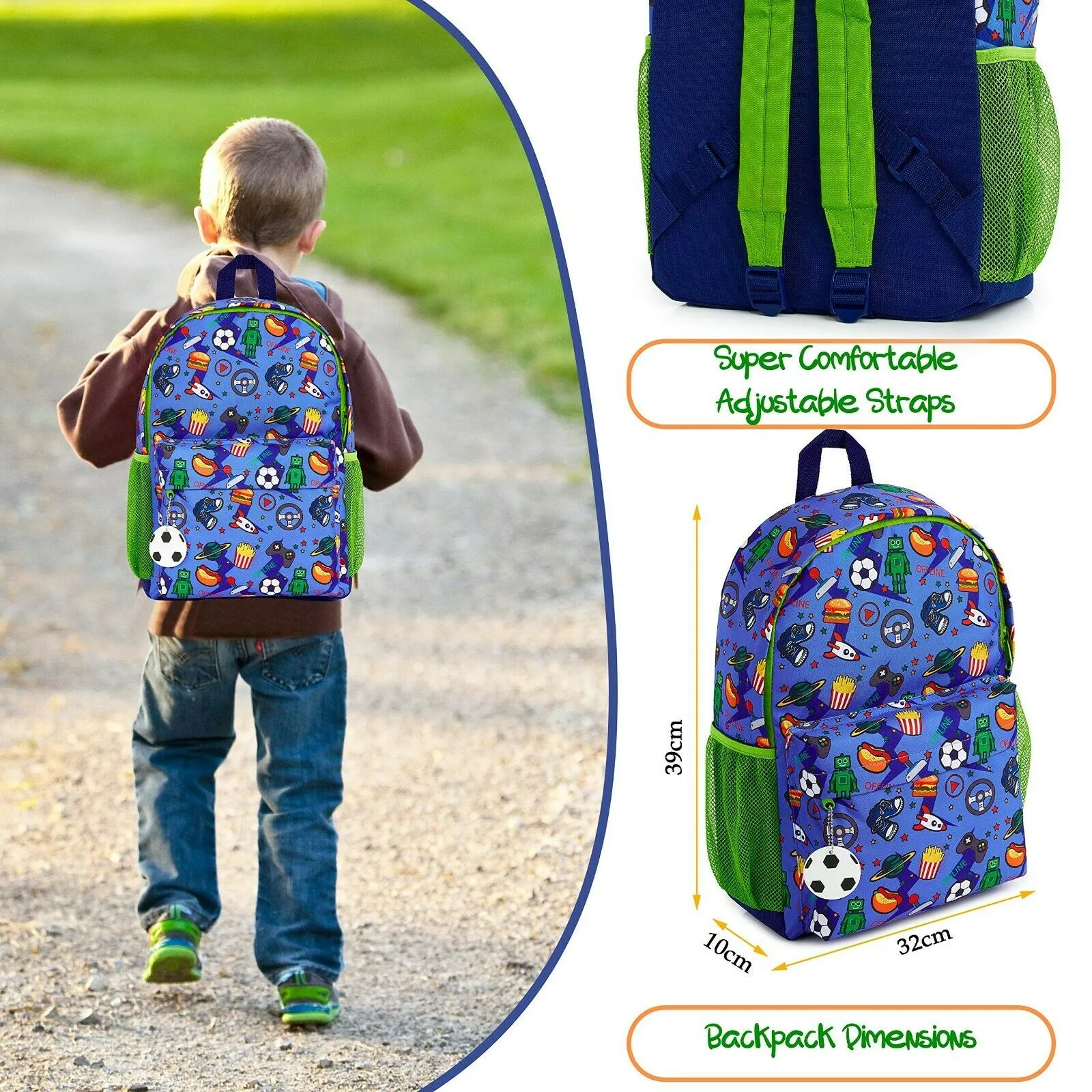 CityComfort Video Game Large Boys Backpack, Gamer Gifts for Boys Teens (Blue/Green)