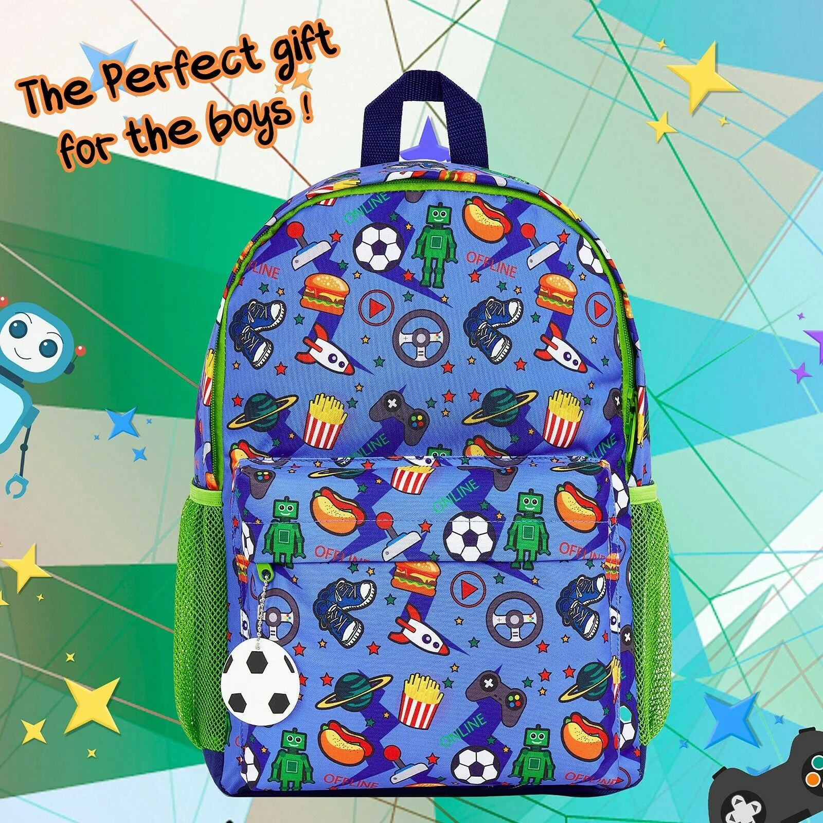 CityComfort Video Game Large Boys Backpack, Gamer Gifts for Boys Teens (Blue/Green)