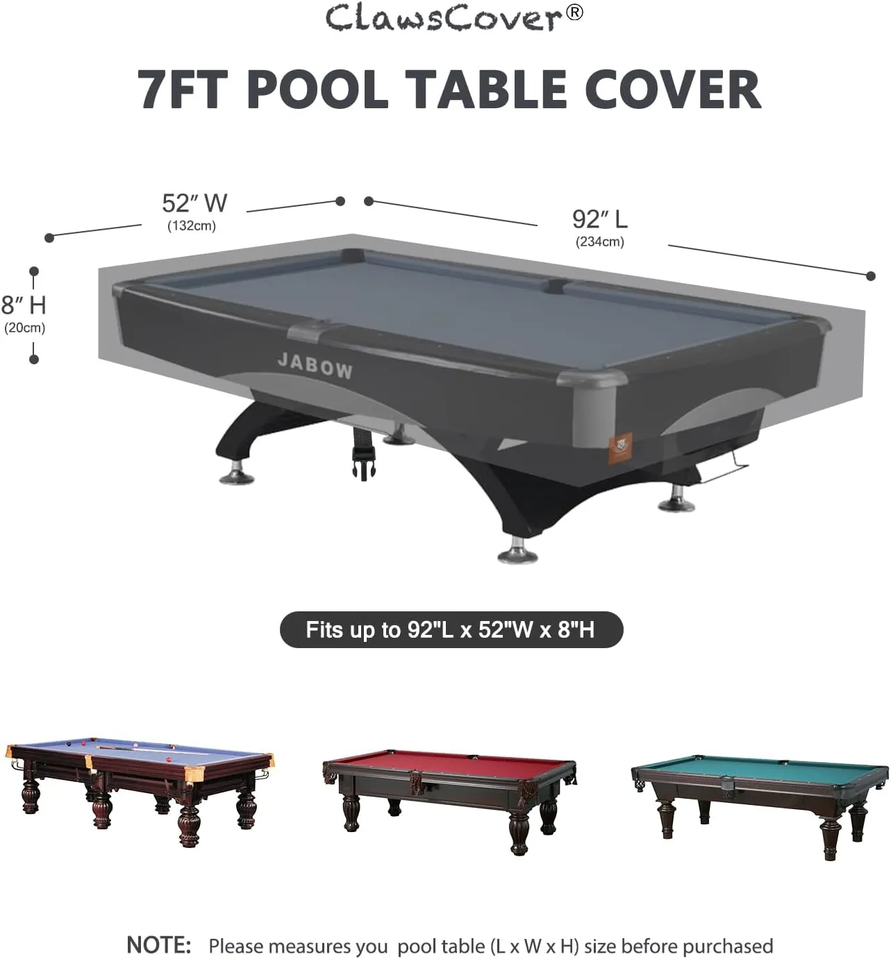 ClawsCover Pool Table Cover 7/8/9 Feet,Heavy Duty Waterproof Scratch-Free 600D Polyester Cloth,Outdoor Pool Table Covers,All-Weather Protection,Indoor Billiards Table Accessories,Light Grey