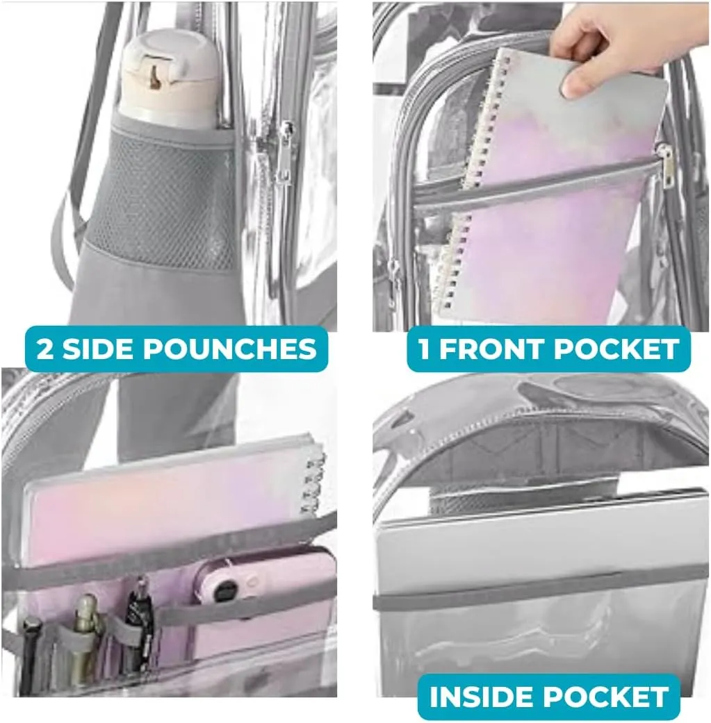 Clear backpack heavy duty PVC, reinforced straps, multiple pockets, optim capacity, transparent backpack see through perfect for outdoor time