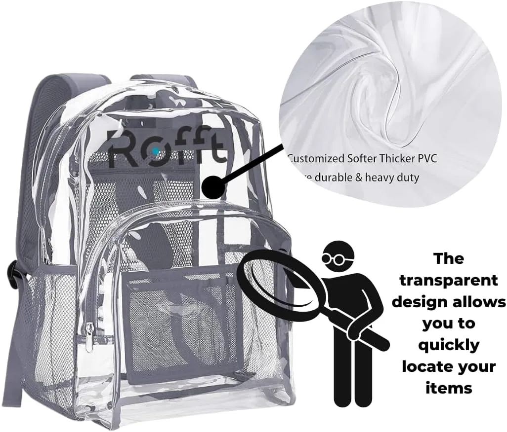 Clear backpack heavy duty PVC, reinforced straps, multiple pockets, optim capacity, transparent backpack see through perfect for outdoor time