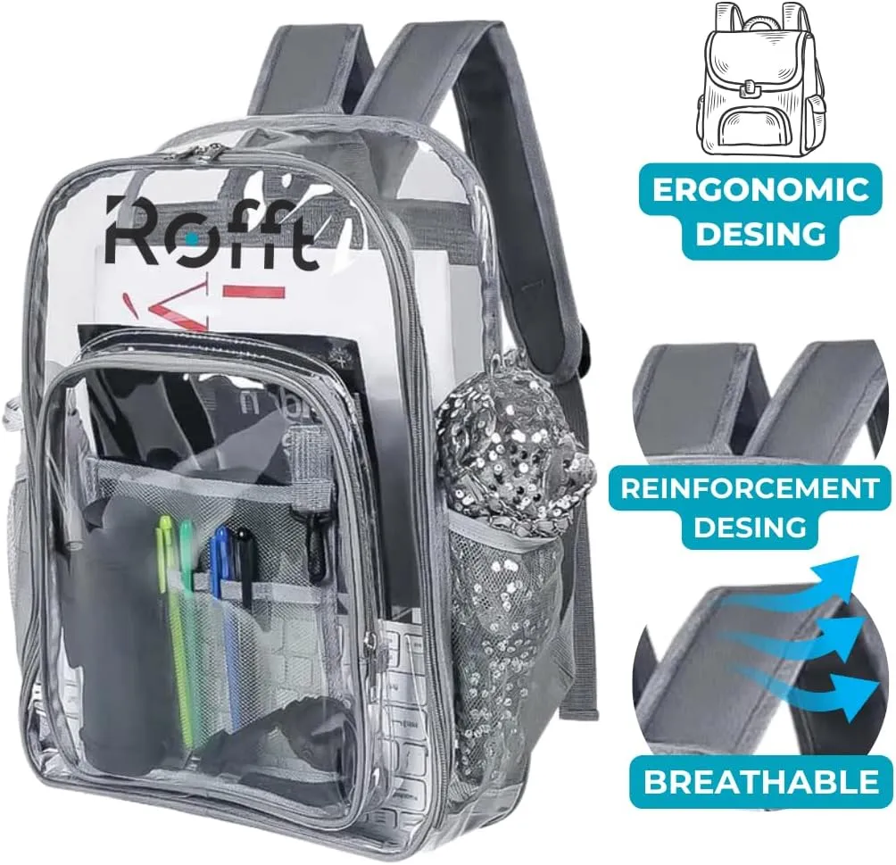 Clear backpack heavy duty PVC, reinforced straps, multiple pockets, optim capacity, transparent backpack see through perfect for outdoor time