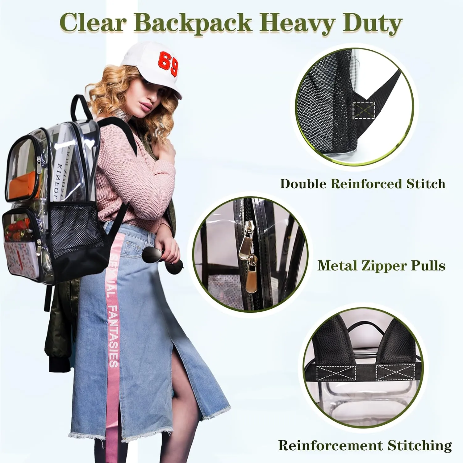 Clear Backpack Heavy Duty,17'' Transparent Bag See Through Backpack for College Work Travel Security,Navy Blue