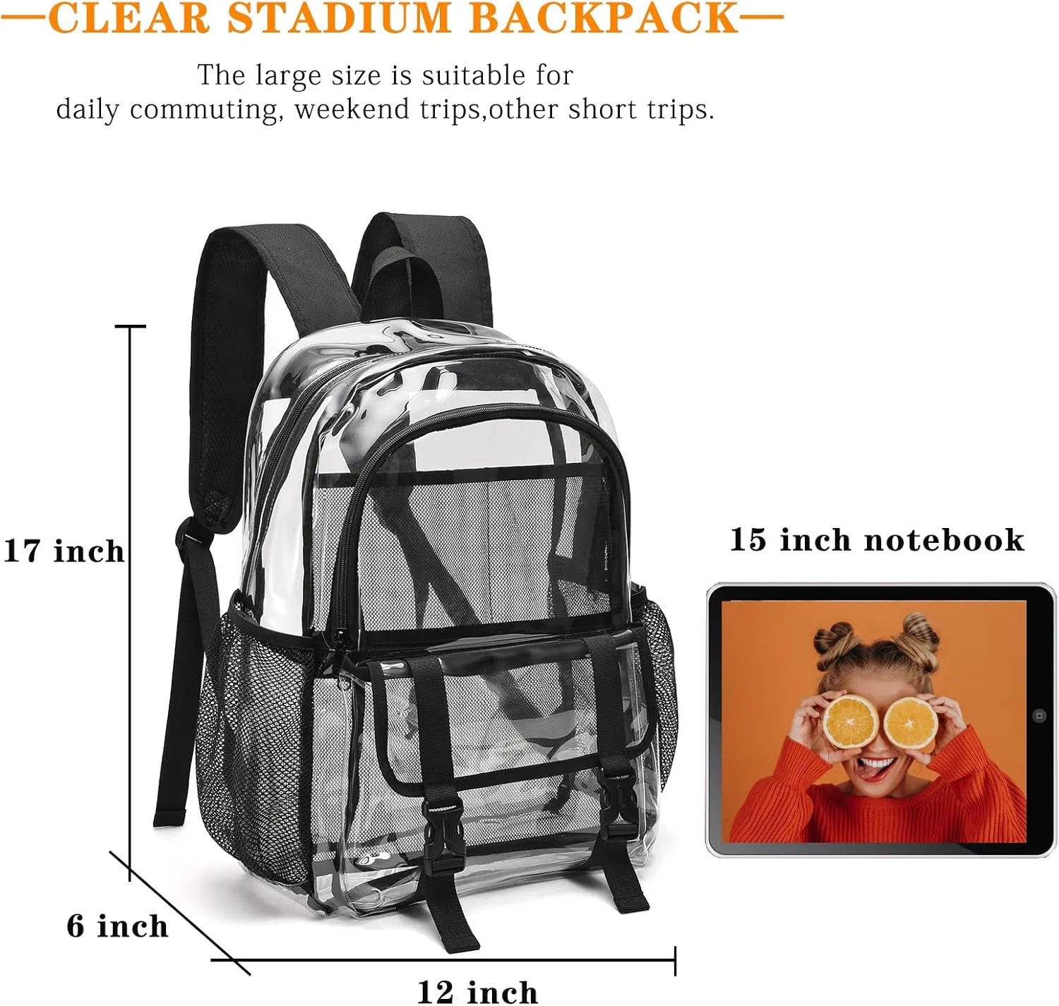 Clear Backpack, Large Clear Bag Stadium Approved Heavy Duty PVC Transparent See Through Backpacks for College,Stadium,Work,Security,Festival