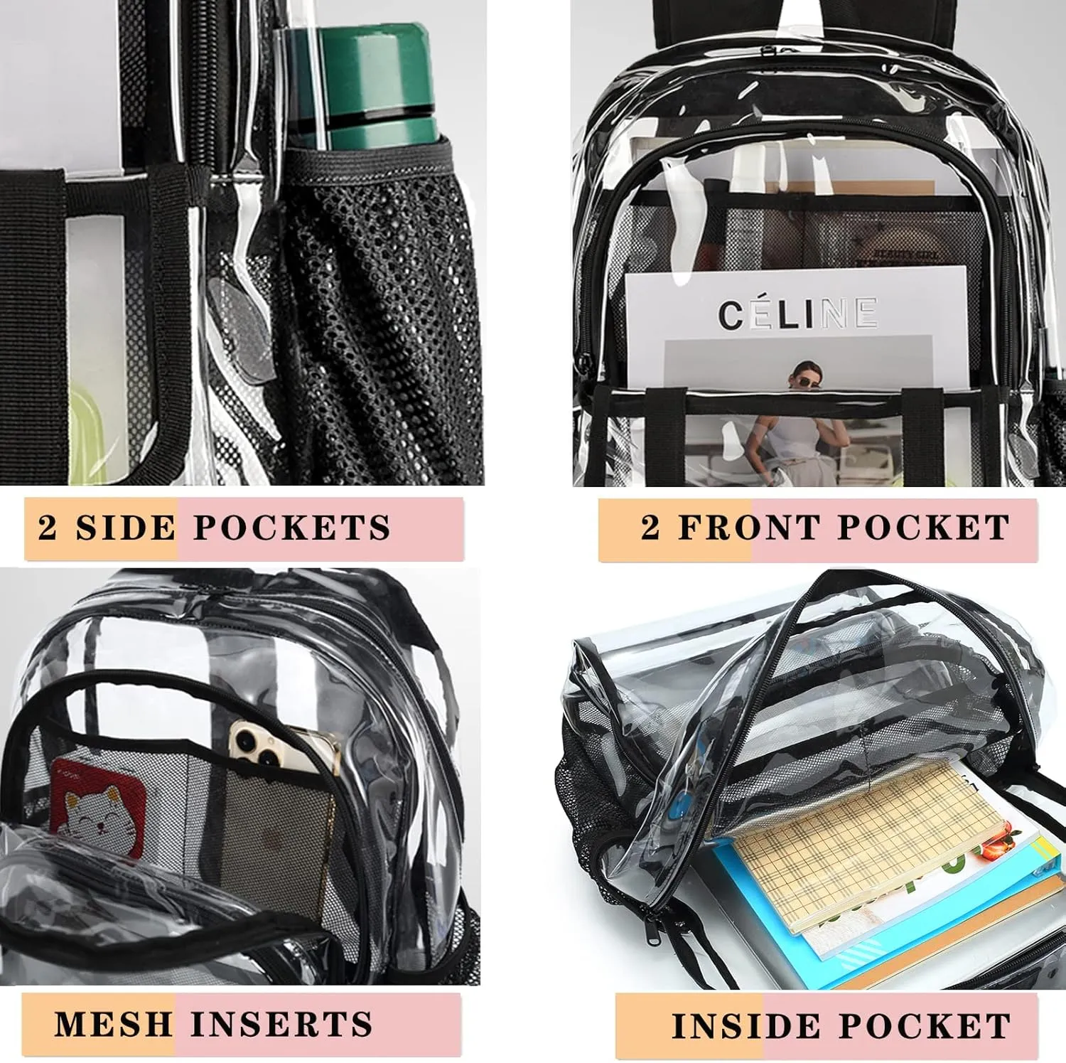 Clear Backpack, Large Clear Bag Stadium Approved Heavy Duty PVC Transparent See Through Backpacks for College,Stadium,Work,Security,Festival
