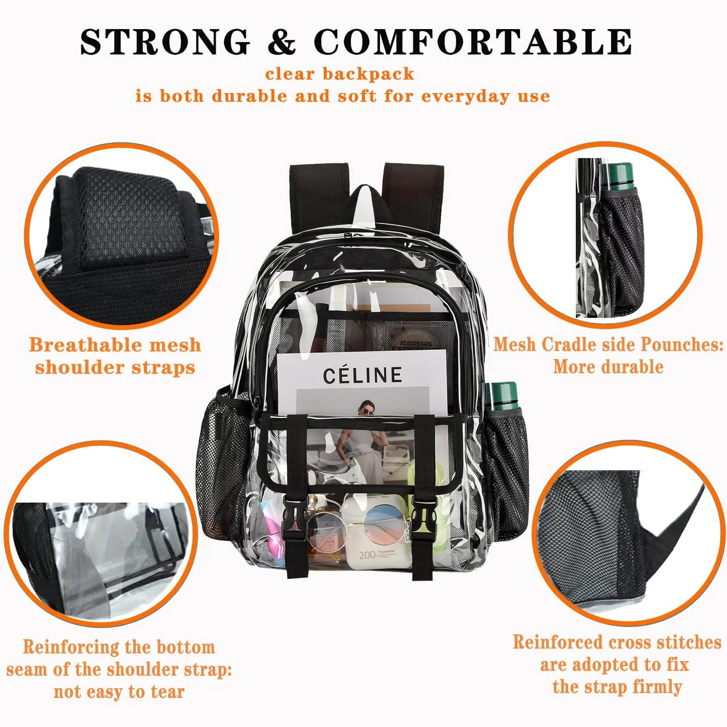 Clear Backpack, Large Clear Bag Stadium Approved Heavy Duty PVC Transparent See Through Backpacks for College,Stadium,Work,Security,Festival