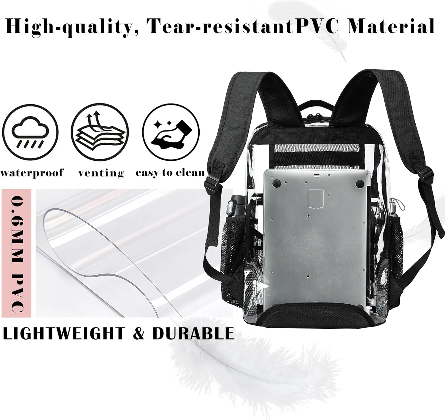Clear Backpack,18'' See Through Backpack School Approved Heavy Duty Clear Bookbag Transparent Bag for College Work Travel Security,Black