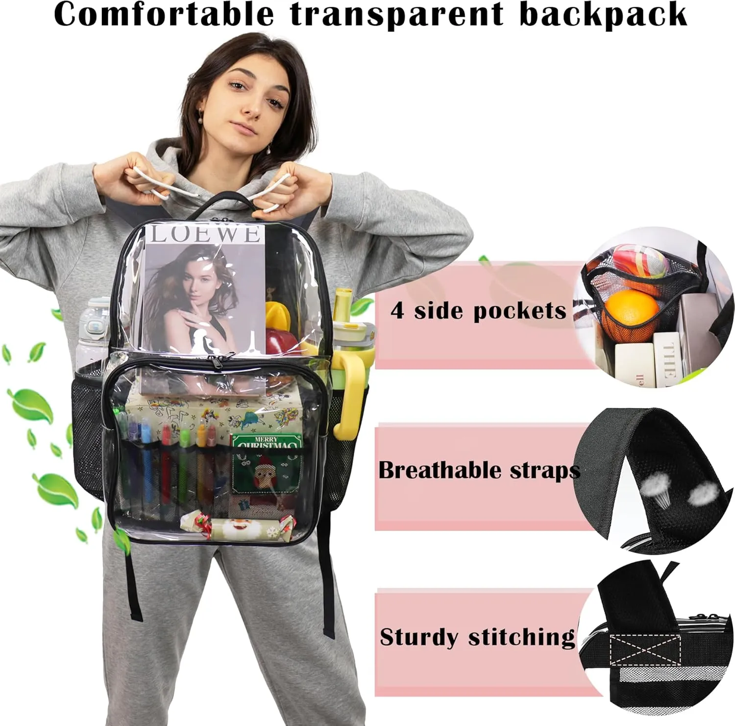 Clear Backpack,18'' See Through Backpack School Approved Heavy Duty Clear Bookbag Transparent Bag for College Work Travel Security,Black