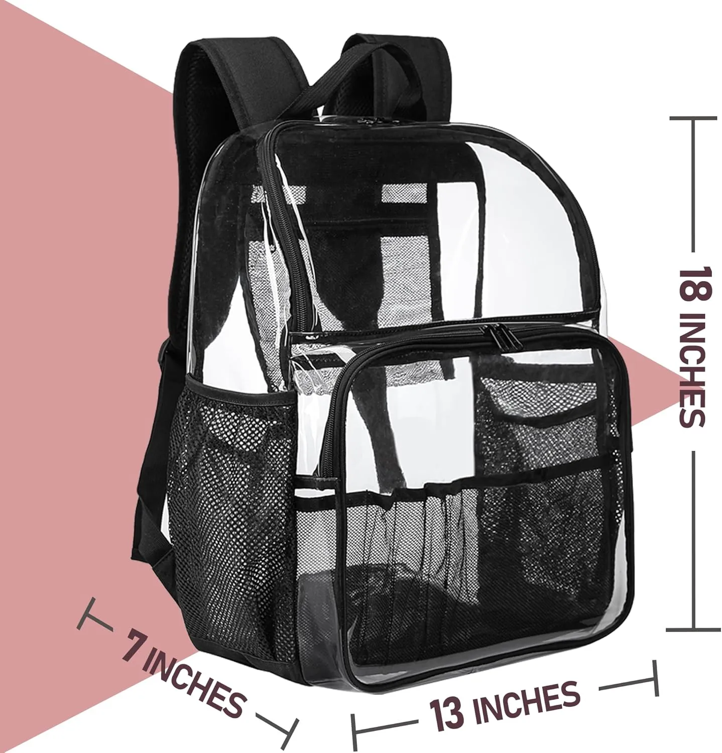 Clear Backpack,18'' See Through Backpack School Approved Heavy Duty Clear Bookbag Transparent Bag for College Work Travel Security,Black