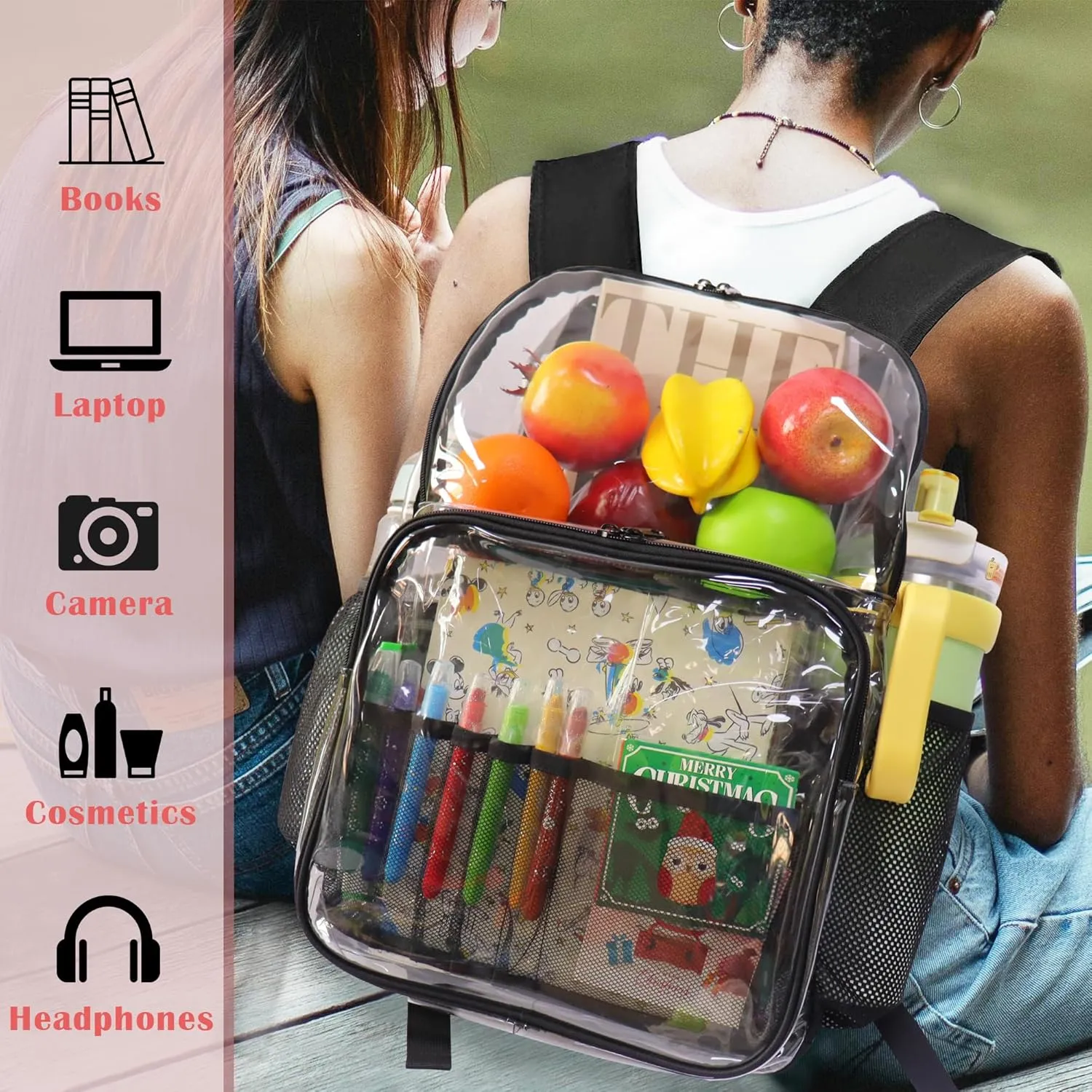 Clear Backpack,18'' See Through Backpack School Approved Heavy Duty Clear Bookbag Transparent Bag for College Work Travel Security,Black