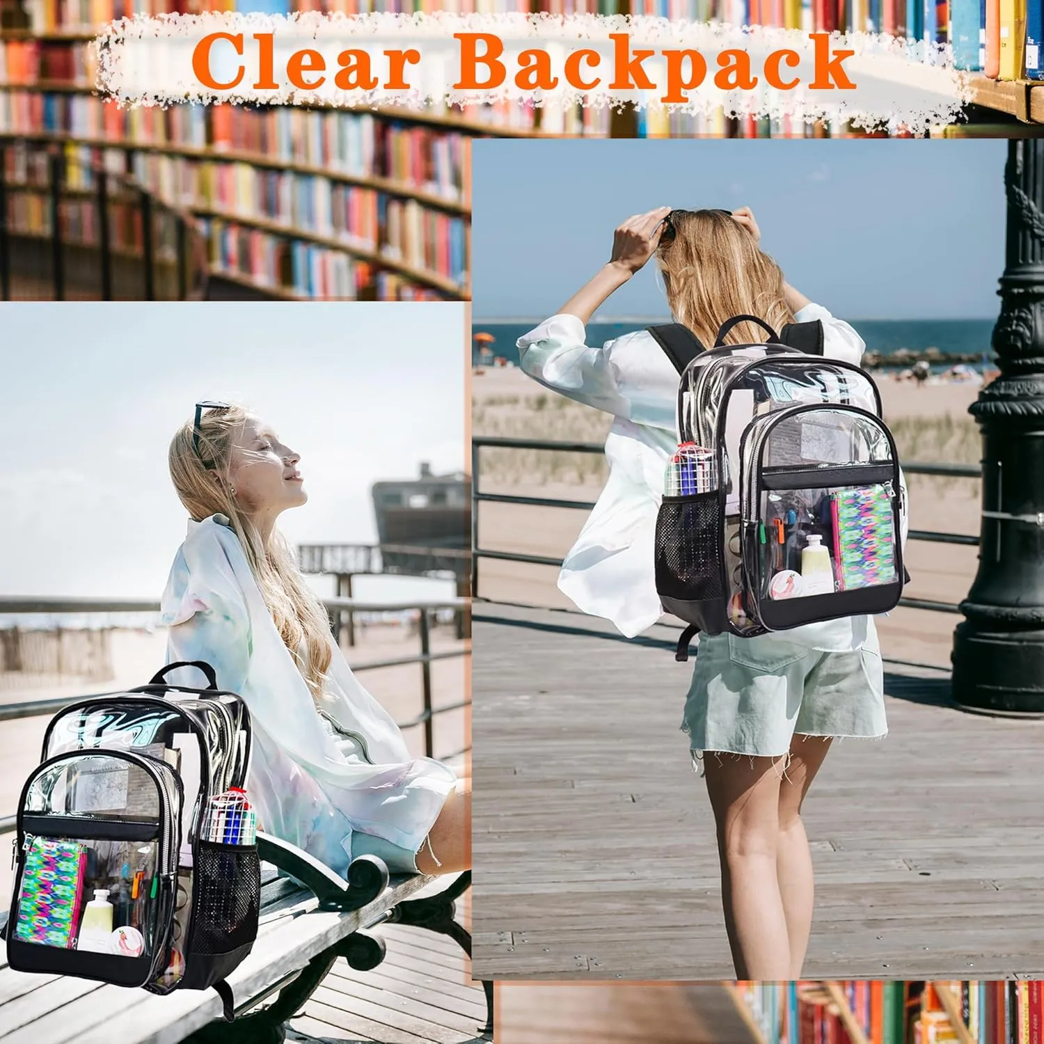 Clear Backpack,Heavy Duty Clear Bookbag See Through Backpack Large Clear Bag for School College Work Travel Security,Blue