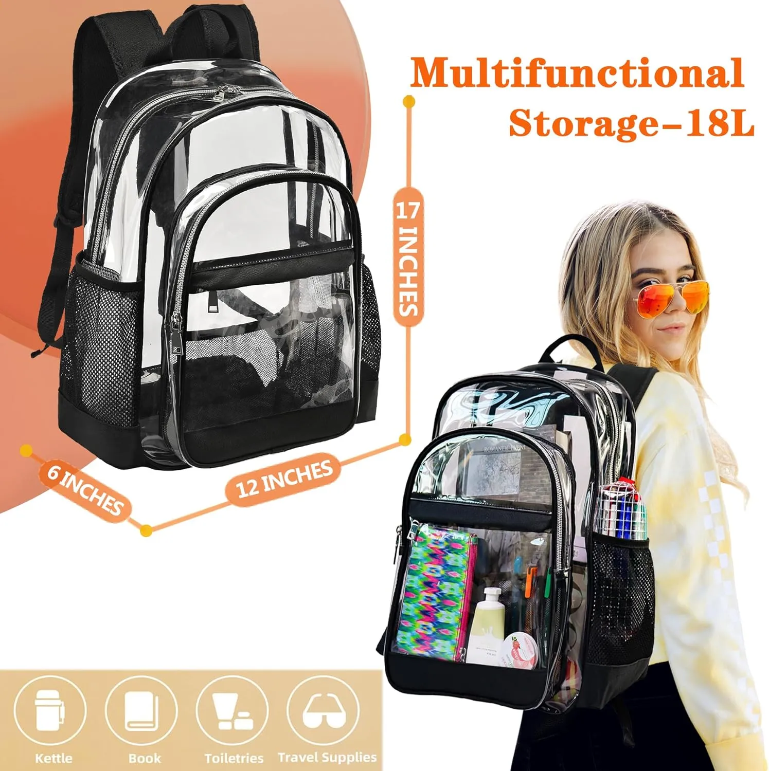 Clear Backpack,Heavy Duty Clear Bookbag See Through Backpack Large Clear Bag for School College Work Travel Security,Blue