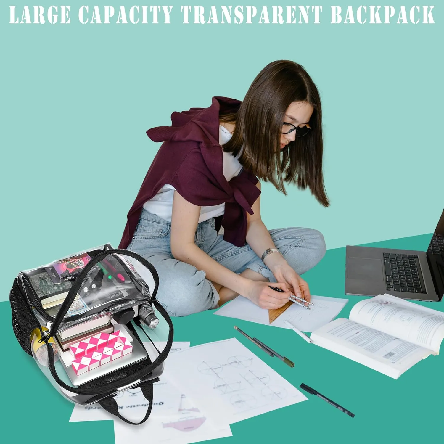 Clear Backpacks for School,18'' Large Clear Backpack Heavy Duty Clear Backpack See Through Backpack Clear Bookbag for Student,School,Work,Travel,Brown