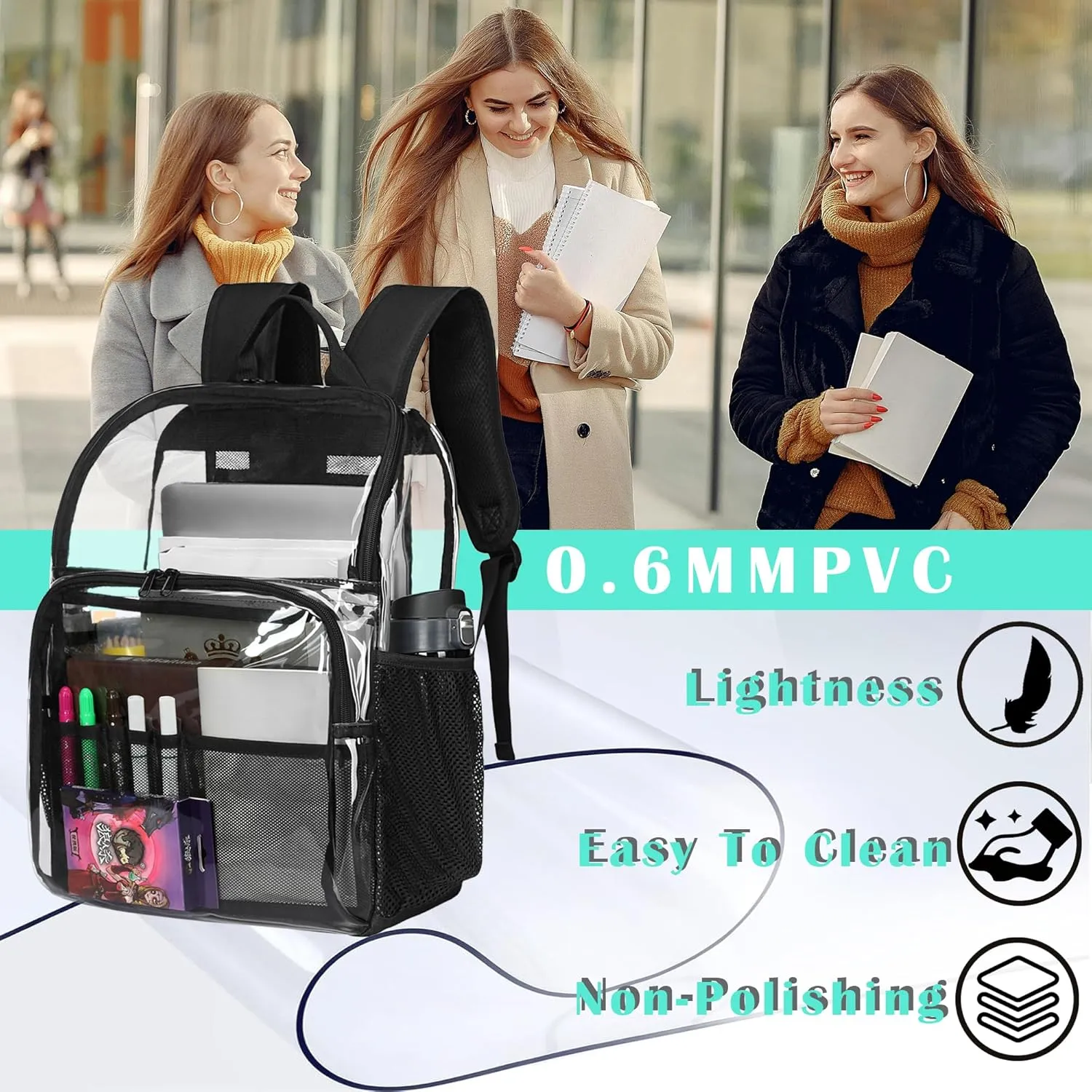 Clear Backpacks for School,18'' Large Clear Backpack Heavy Duty Clear Backpack See Through Backpack Clear Bookbag for Student,School,Work,Travel,Brown