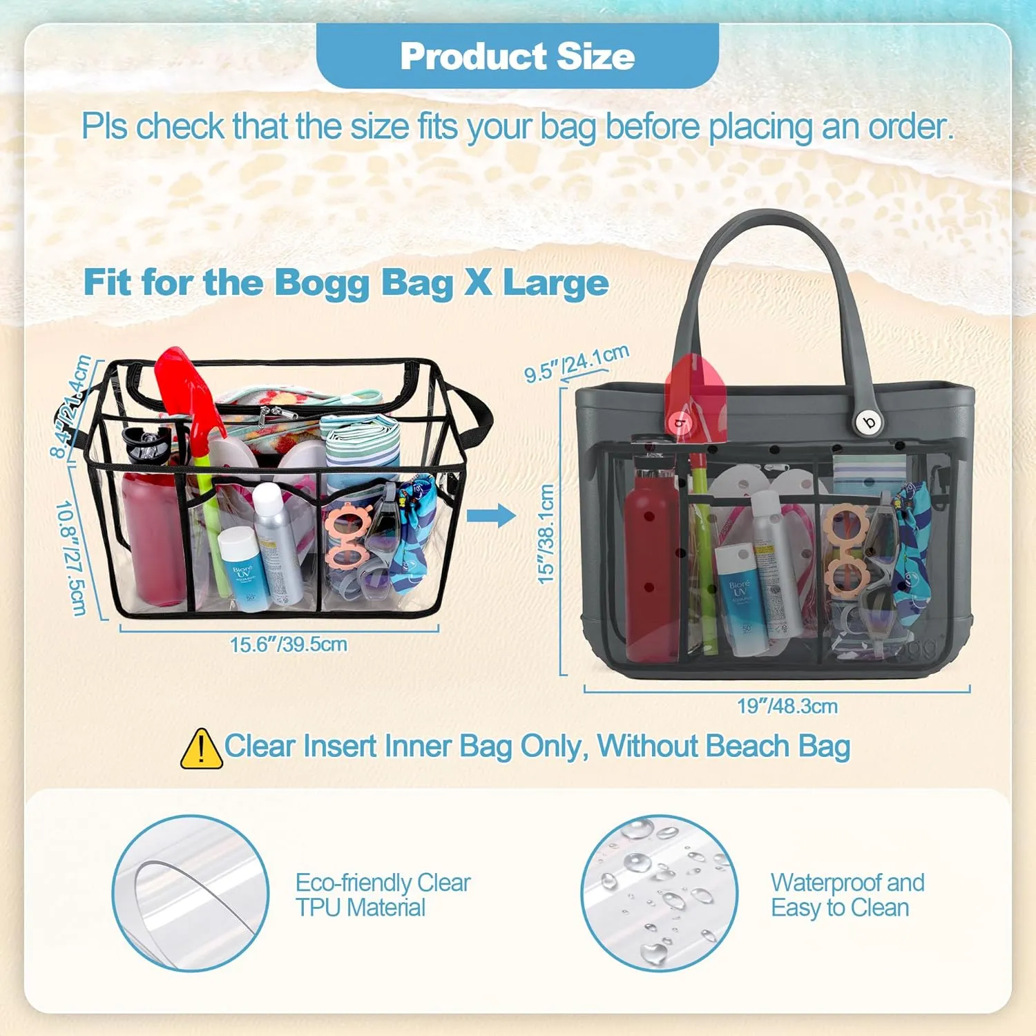 Clear Beach Bag Organizer Insert Compatible with Bogg Bag X Large, Waterproof Rubber Tote Bag Insert Divider Pouch, Beach Tote Organizer Liner 15.6 x 8.4 x 10.8 Inches, Black