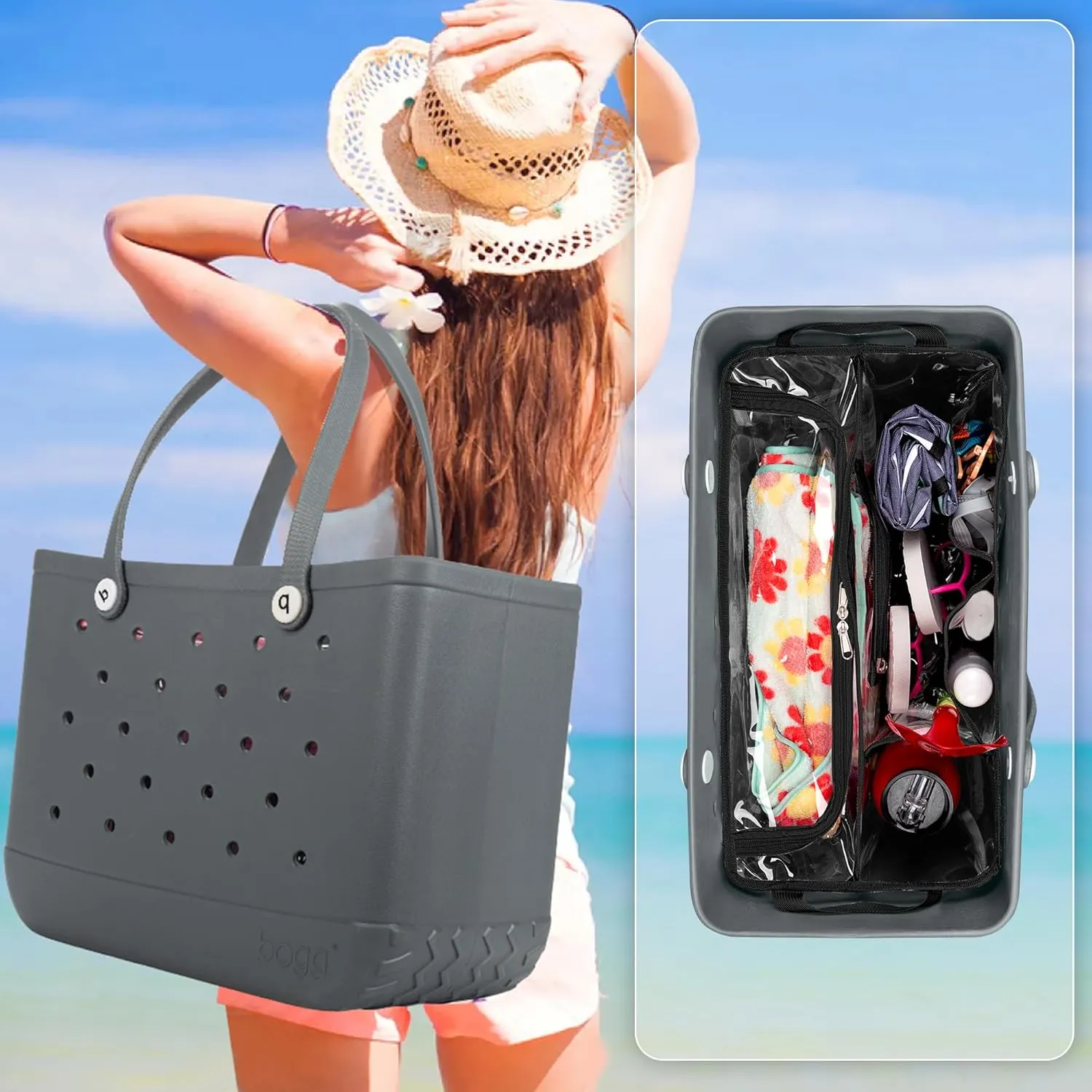 Clear Beach Bag Organizer Insert Compatible with Bogg Bag X Large, Waterproof Rubber Tote Bag Insert Divider Pouch, Beach Tote Organizer Liner 15.6 x 8.4 x 10.8 Inches, Black