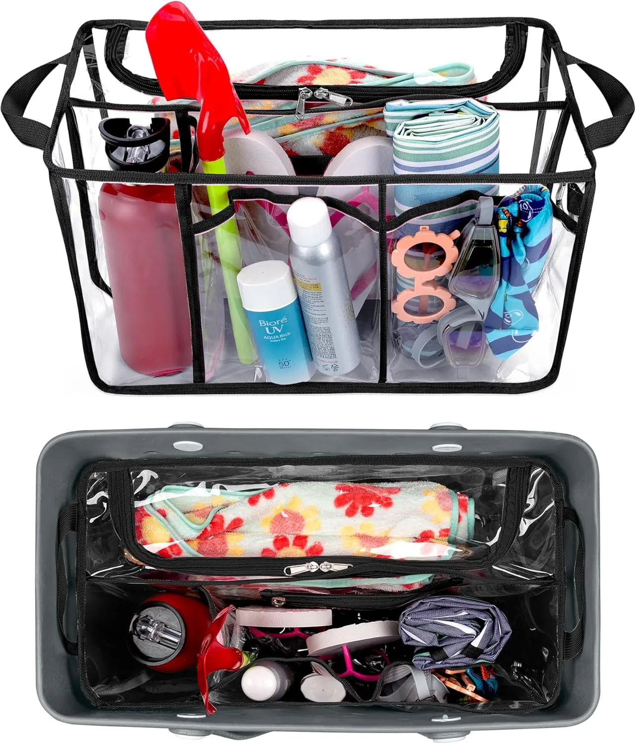 Clear Beach Bag Organizer Insert Compatible with Bogg Bag X Large, Waterproof Rubber Tote Bag Insert Divider Pouch, Beach Tote Organizer Liner 15.6 x 8.4 x 10.8 Inches, Black