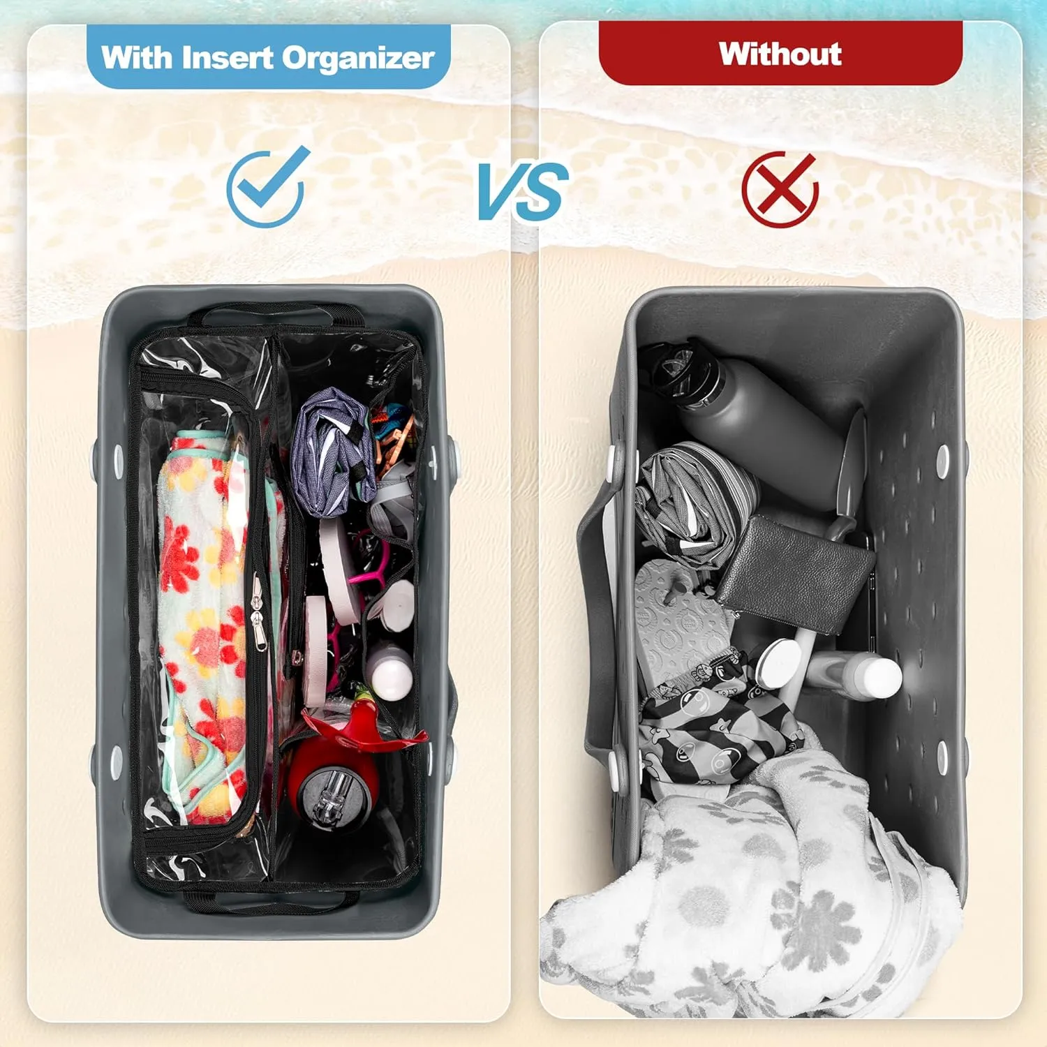 Clear Beach Bag Organizer Insert Compatible with Bogg Bag X Large, Waterproof Rubber Tote Bag Insert Divider Pouch, Beach Tote Organizer Liner 15.6 x 8.4 x 10.8 Inches, Black