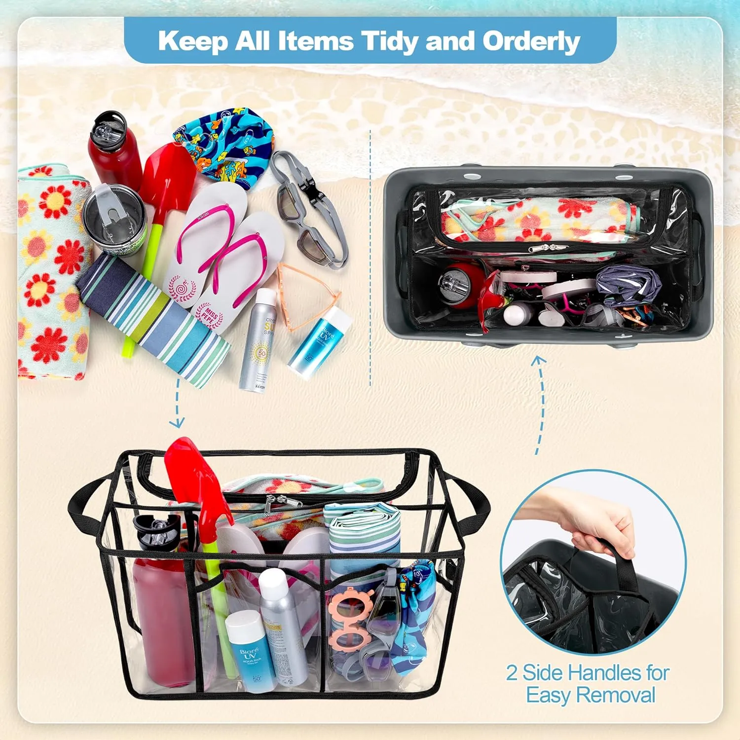 Clear Beach Bag Organizer Insert Compatible with Bogg Bag X Large, Waterproof Rubber Tote Bag Insert Divider Pouch, Beach Tote Organizer Liner 15.6 x 8.4 x 10.8 Inches, Black