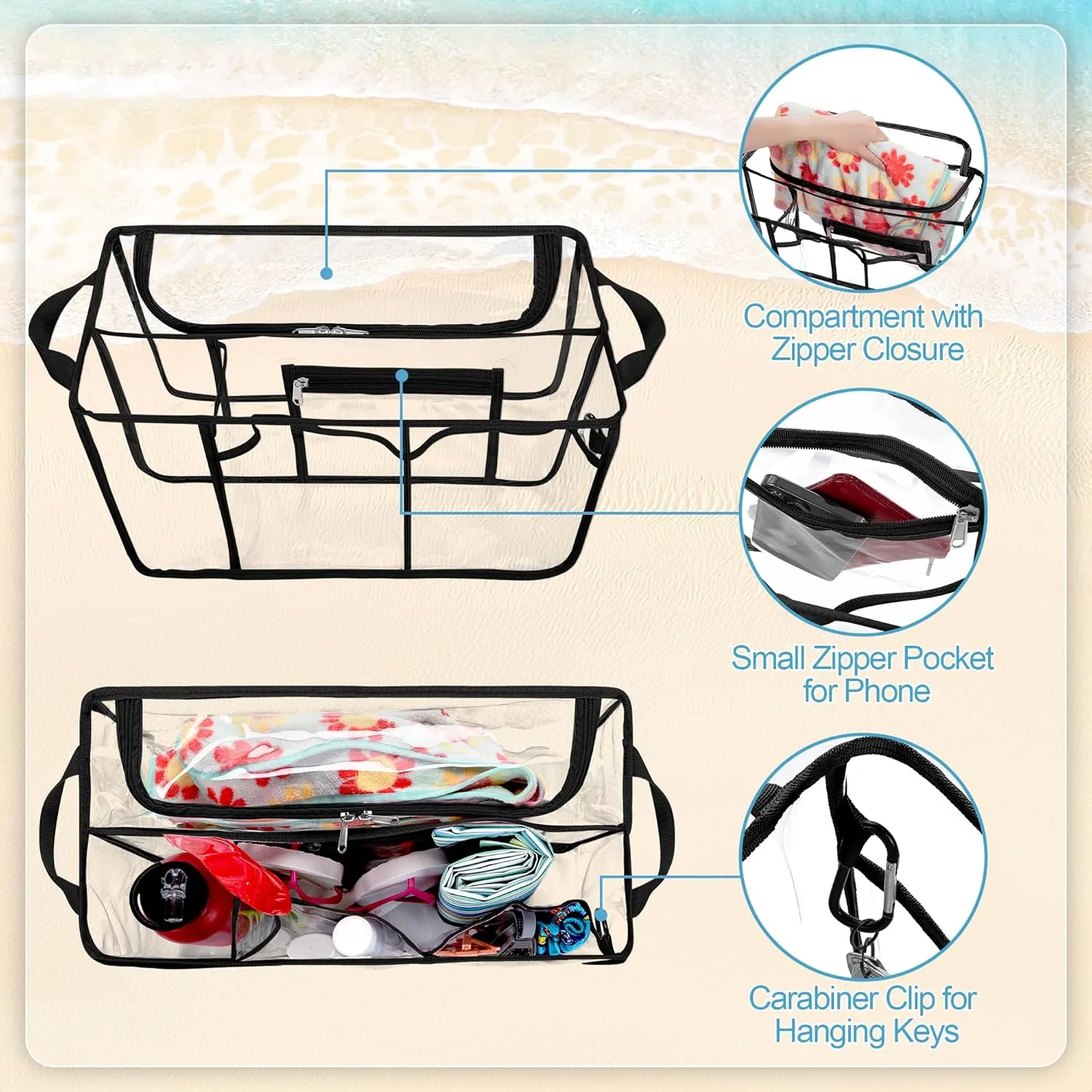 Clear Beach Bag Organizer Insert Compatible with Bogg Bag X Large, Waterproof Rubber Tote Bag Insert Divider Pouch, Beach Tote Organizer Liner 15.6 x 8.4 x 10.8 Inches, Black