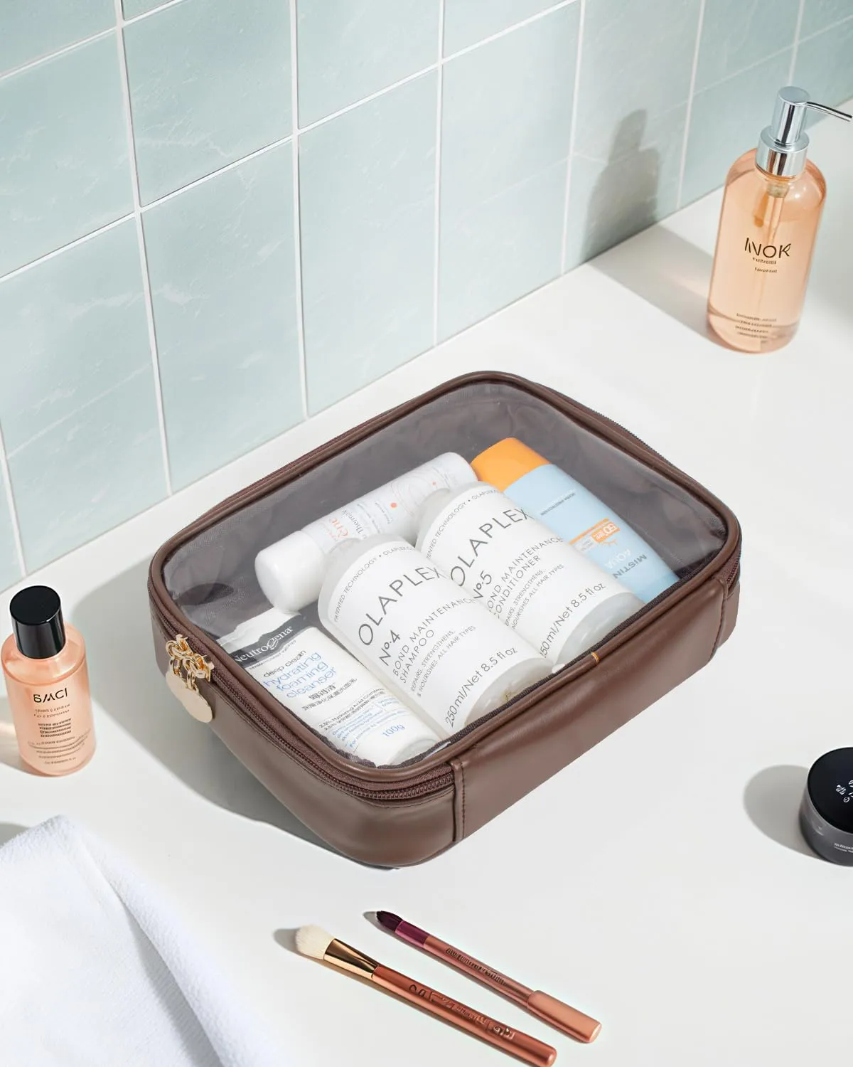 Clear Makeup Bags Large - TSA Approved Clear Toiletry Bag,Travel Size Toiletries Clear Cosmetic Bags Car Accessories Car Essentials for Women Men(Large Chocolate)