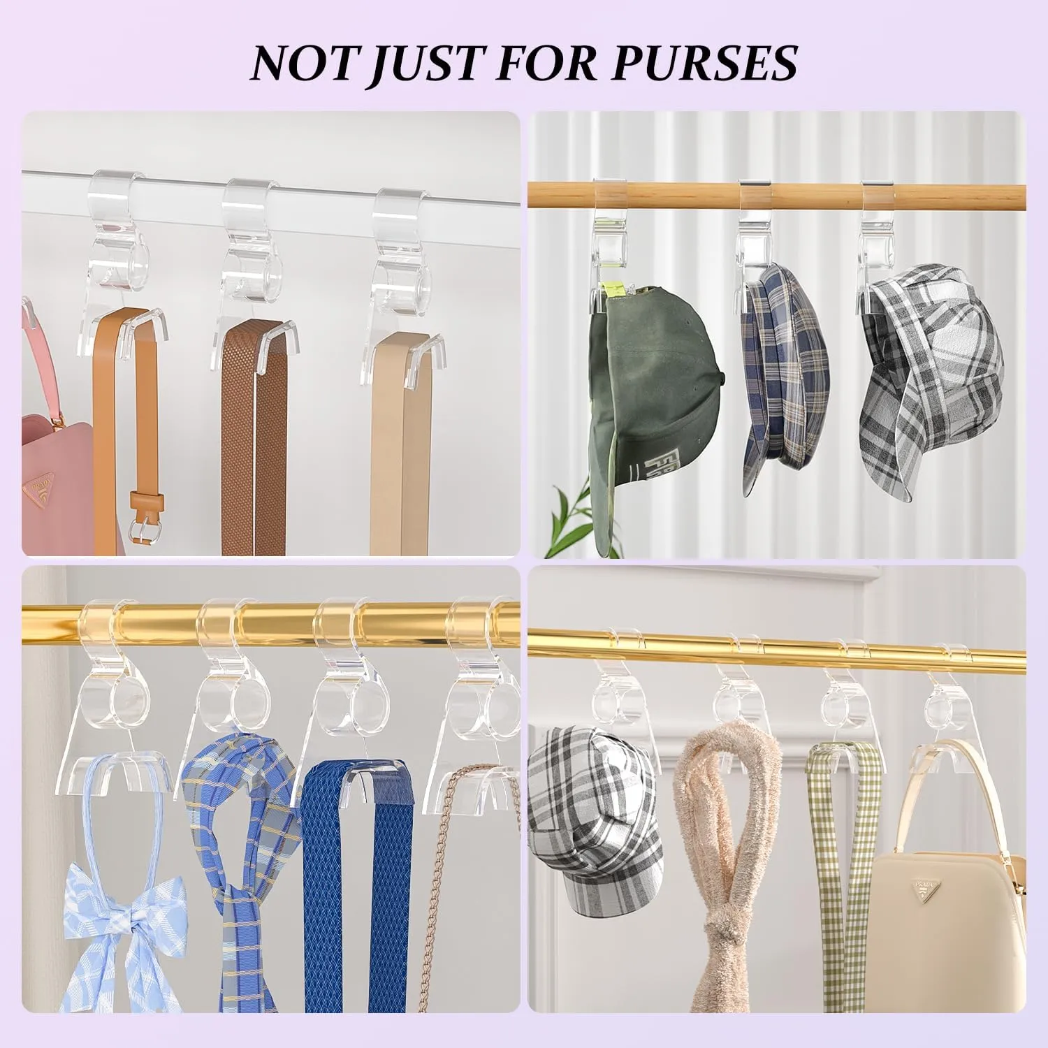 Clear Purse Hangers for Closet Organization 3-Pack | Multi-Purpos Acrylic Organizers and Storage Bag Hangers for Hanging Handbags, Durable Purse Hooks