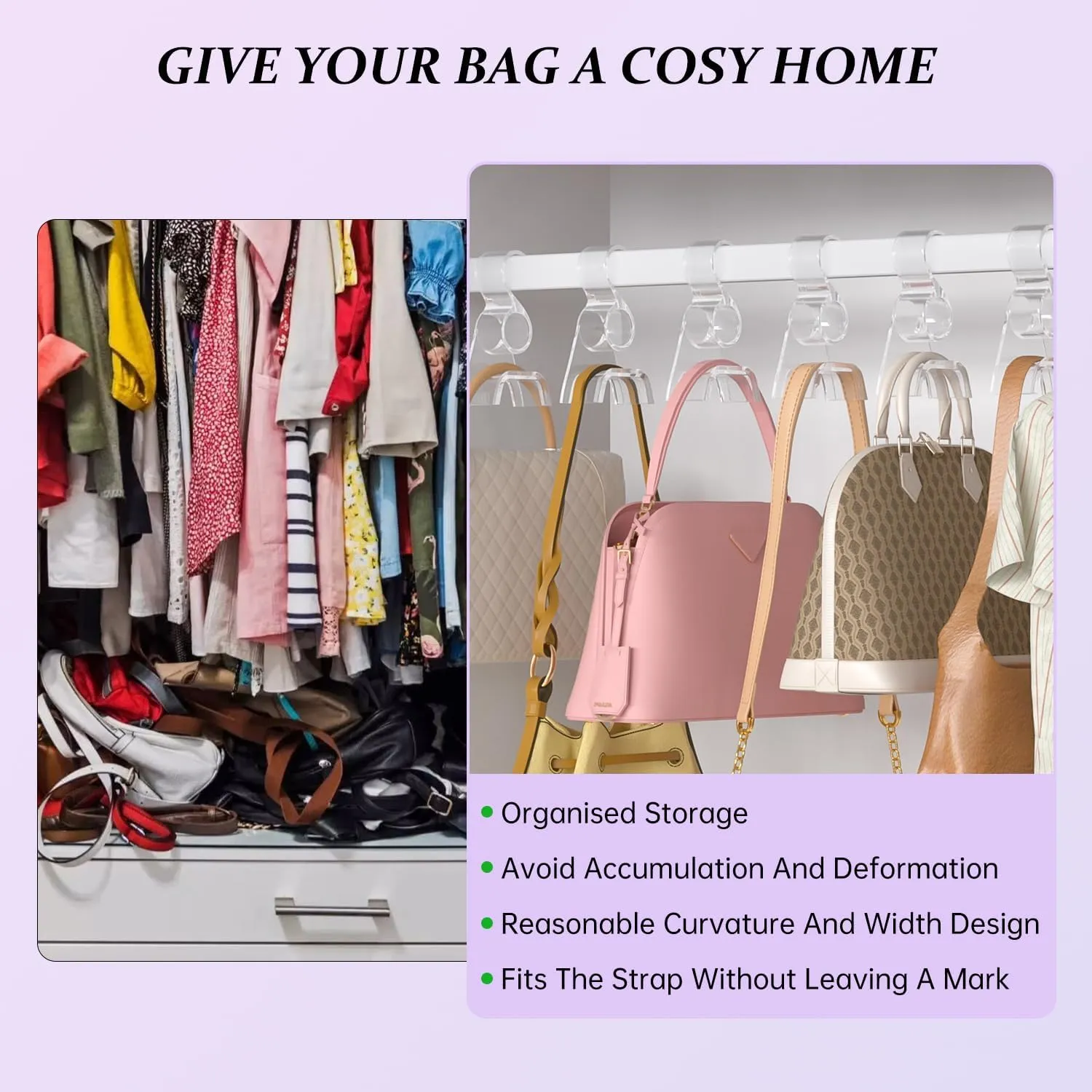 Clear Purse Hangers for Closet Organization 3-Pack | Multi-Purpos Acrylic Organizers and Storage Bag Hangers for Hanging Handbags, Durable Purse Hooks