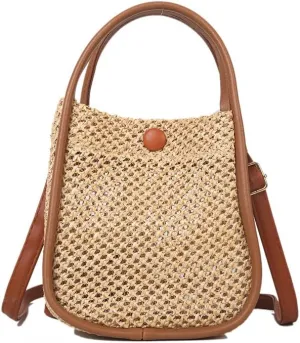 Coconut Girl Aesthetic Rattan Mini Tote Cottagecore Wicker Purse Raffia Shoulder Bag Beach Handbag Indie Clutch Bag (Brown,Small)
