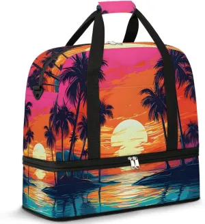 Coconut Tree Sunset Ocean Travel Duffel Bag for Women Men Weekender Overnight Bag with Shoe Compartment Foldable Sports Gym Luggage Bag