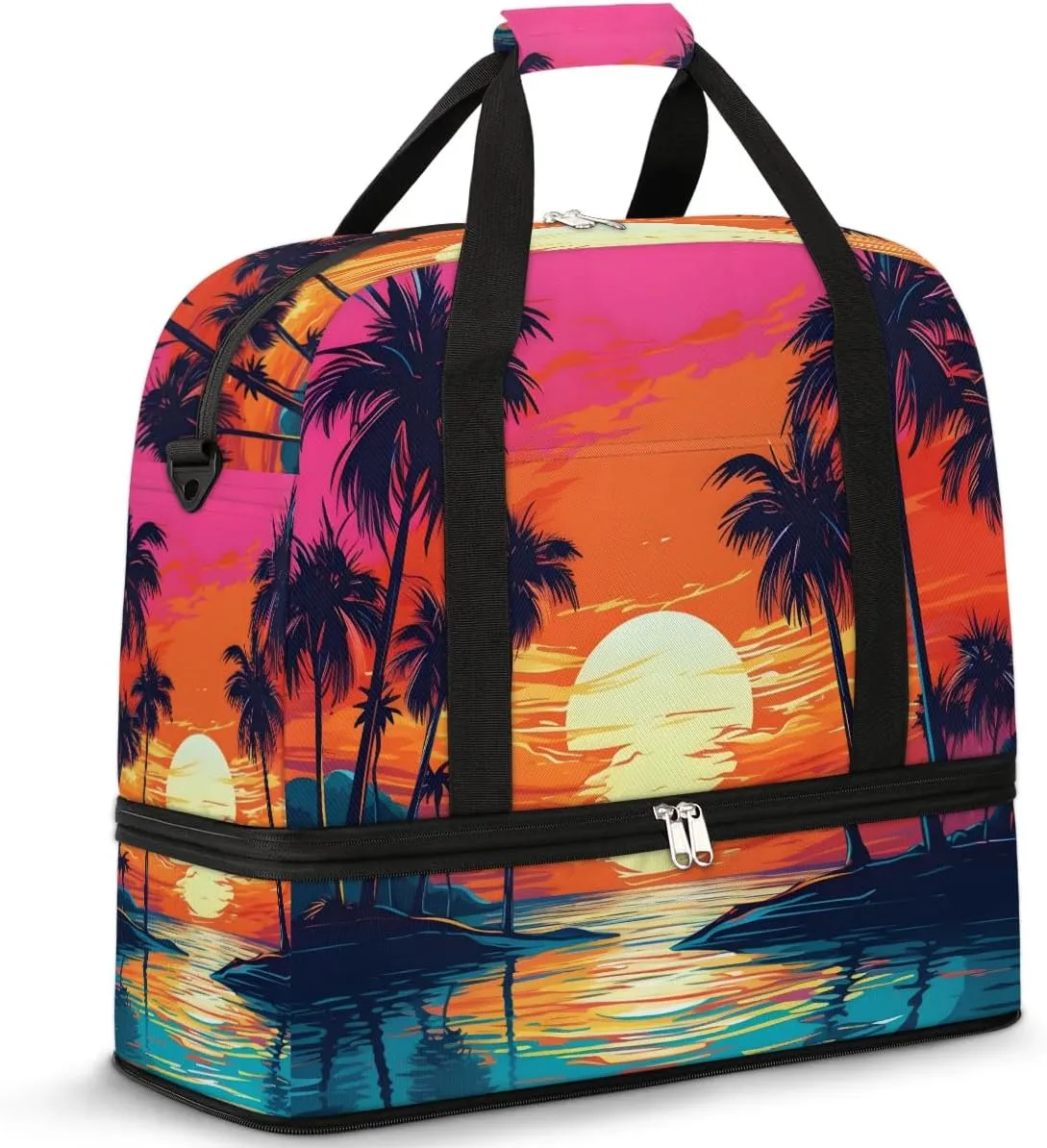 Coconut Tree Sunset Ocean Travel Duffel Bag for Women Men Weekender Overnight Bag with Shoe Compartment Foldable Sports Gym Luggage Bag